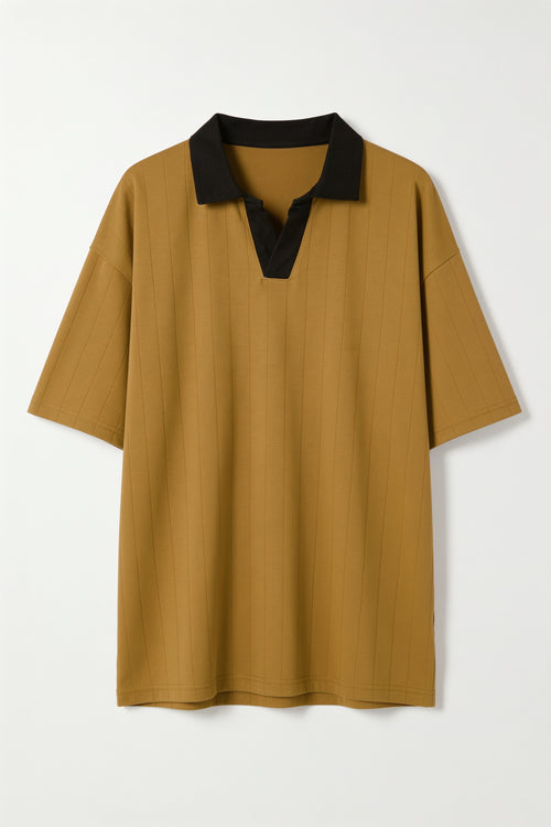 Dark Beige Drop Shoulder Contrast Collar Polo - Front