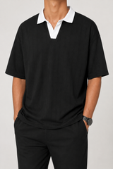 Black Drop Shoulder Contrast Collar Polo - Detail