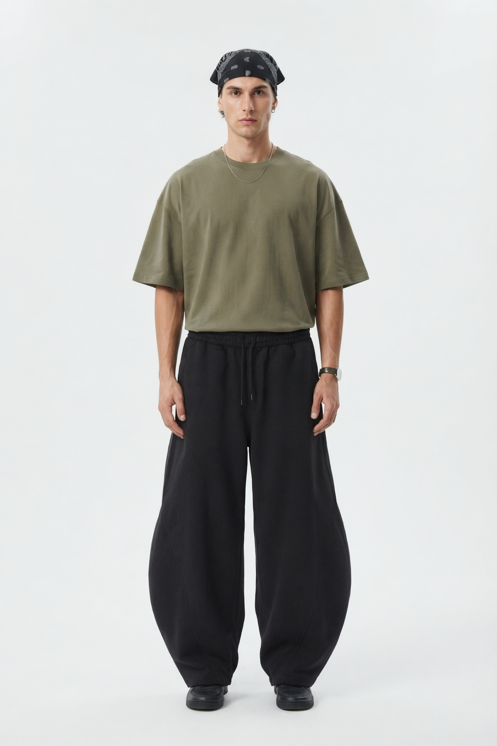 Black Curved Wide Leg Trouser