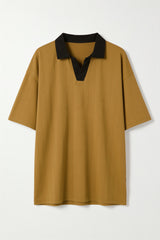Dark Beige Drop Shoulder Contrast Collar Polo - Front