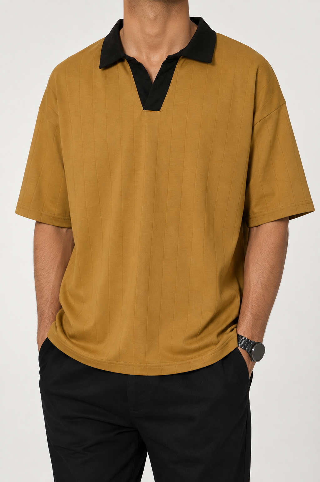 Dark Beige Drop Shoulder Contrast Collar Polo - Detail