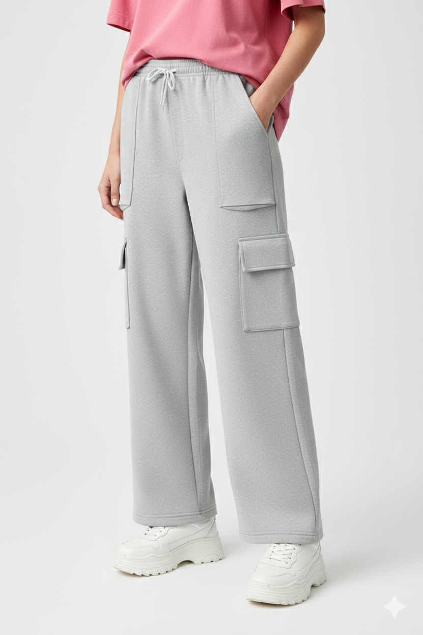 Person wearing gray cargo pants with a pink top on a white background

