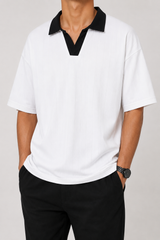 White Drop Shoulder Contrast Collar Polo - Detail