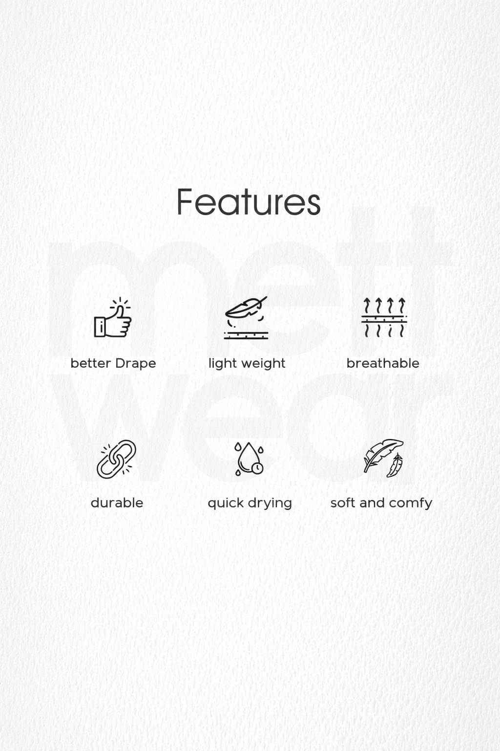 List of product features with icons and text on a white background