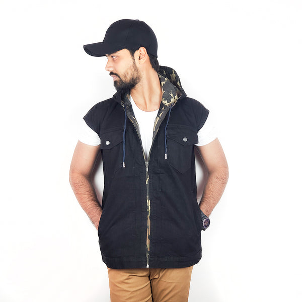 Denim Vest Hooded Black